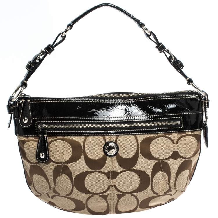 Pre Owned Coach Beige/Black Signature Canvas and Patent Leather Hobo
