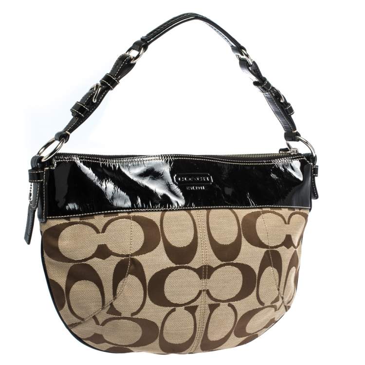 Pre Owned Coach Beige/Black Signature Canvas and Patent Leather Hobo