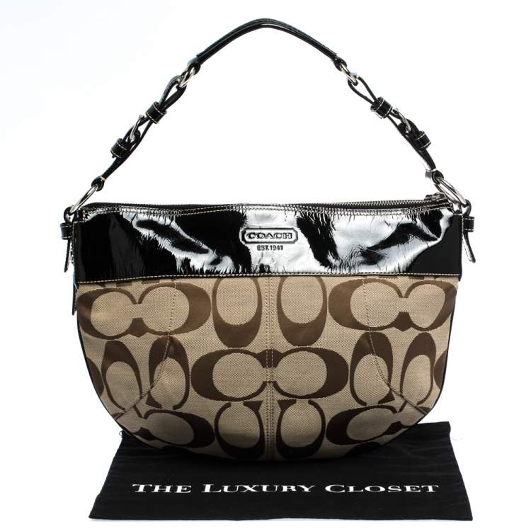 Pre Owned Coach Beige/Black Signature Canvas and Patent Leather Hobo