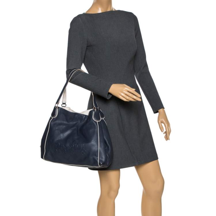 Pre Owned Coach Navy Blue/White Leather Hadley Shoulder Bag