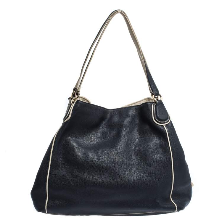 Pre Owned Coach Navy Blue/White Leather Hadley Shoulder Bag