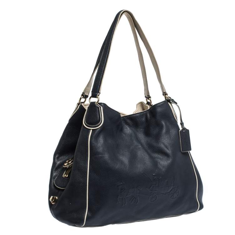 Pre Owned Coach Navy Blue/White Leather Hadley Shoulder Bag