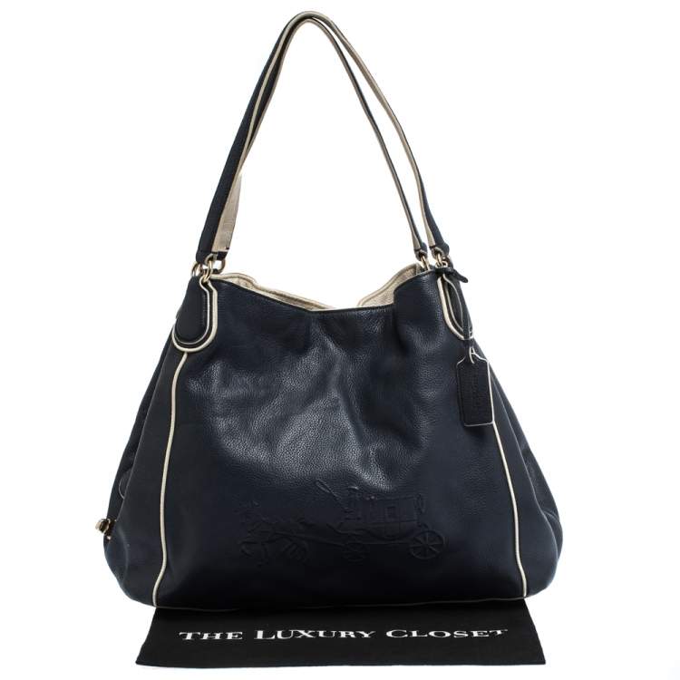Pre Owned Coach Navy Blue/White Leather Hadley Shoulder Bag