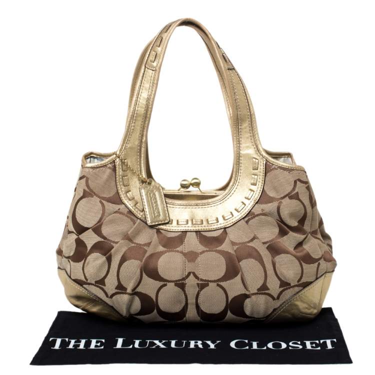 Pre Owned Coach Gold/Beige Signature Canvas and Leather Ergo Tattersall Hobo