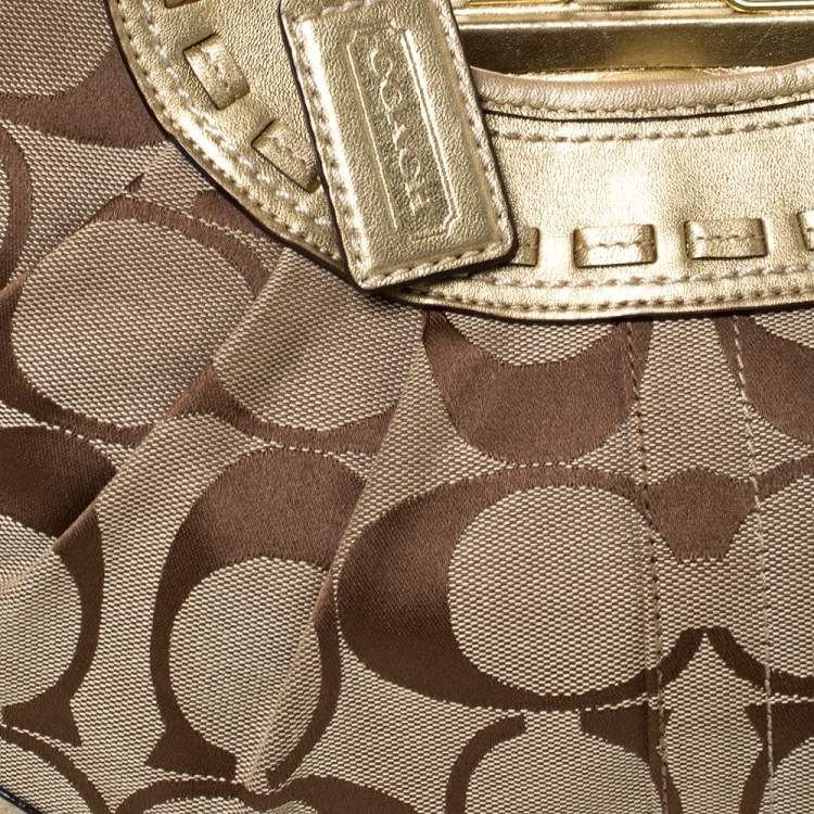 Pre Owned Coach Gold/Beige Signature Canvas and Leather Ergo Tattersall Hobo