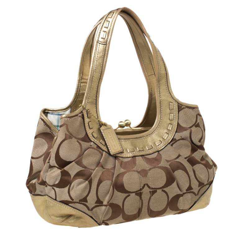 Pre Owned Coach Gold/Beige Signature Canvas and Leather Ergo Tattersall Hobo