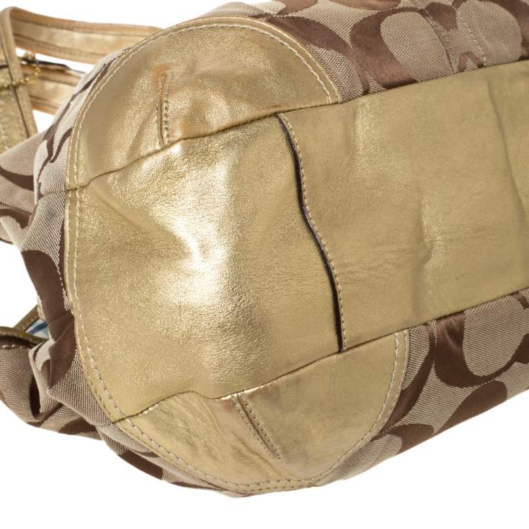 Pre Owned Coach Gold/Beige Signature Canvas and Leather Ergo Tattersall Hobo