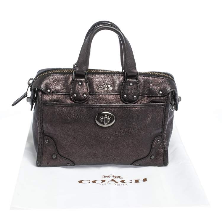 Pre Owned Coach Metallic Plum/Black Leather Rhyder Satchel