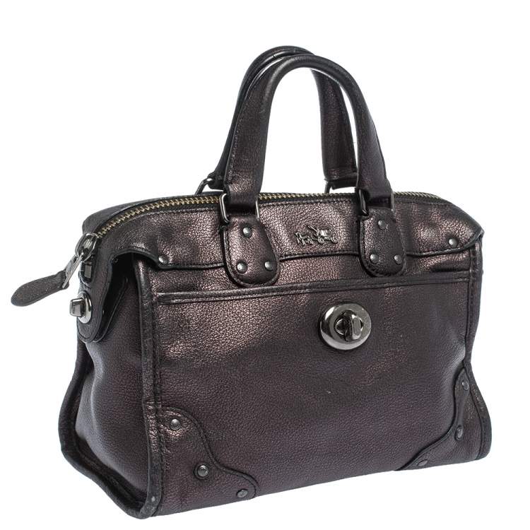 Pre Owned Coach Metallic Plum/Black Leather Rhyder Satchel