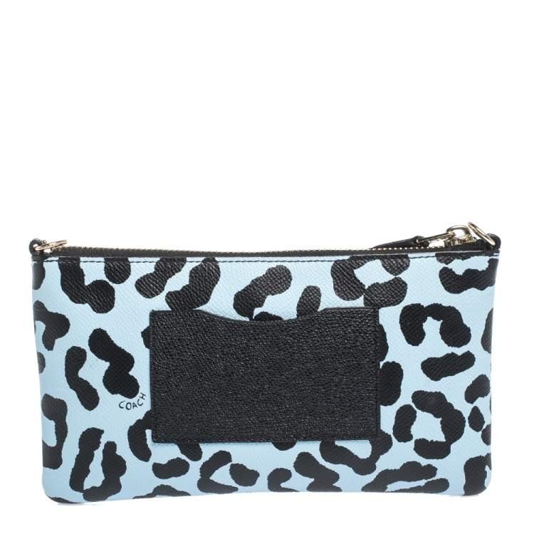 Pre Owned Coach Light Blue/Black Leopard Print Leather Zip Clutch Bag