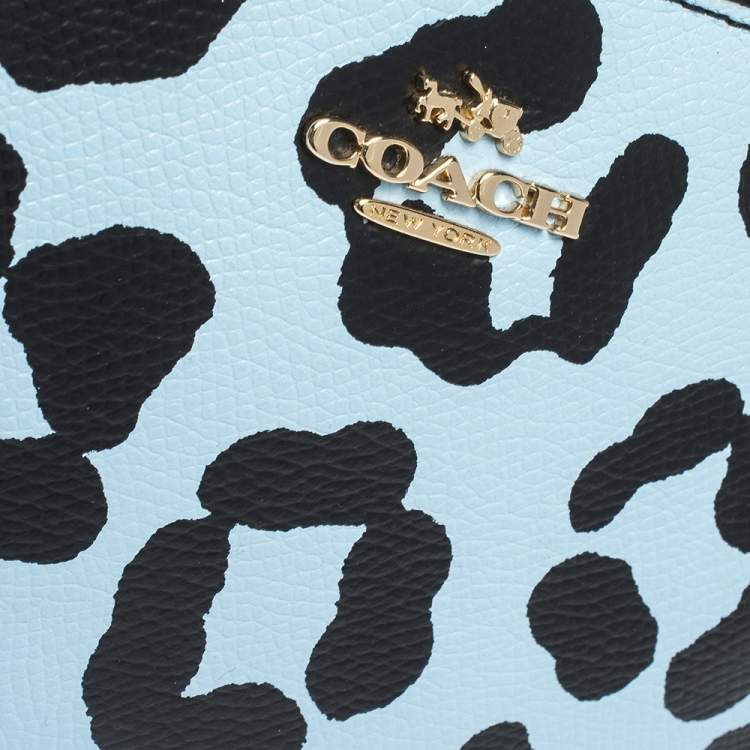 Pre Owned Coach Light Blue/Black Leopard Print Leather Zip Clutch Bag