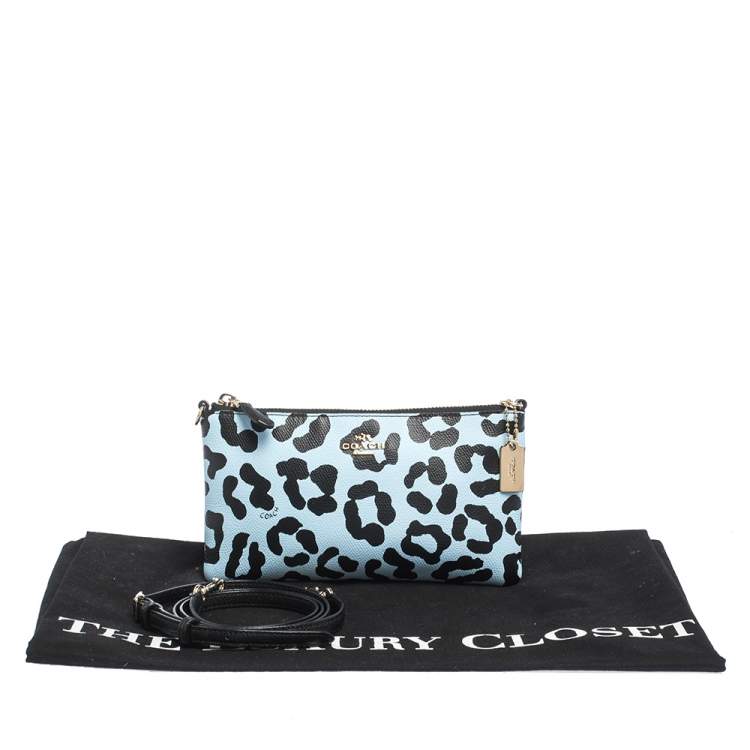 Pre Owned Coach Light Blue/Black Leopard Print Leather Zip Clutch Bag