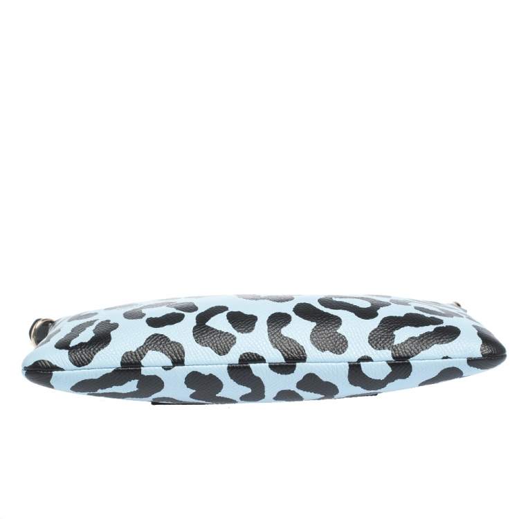 Pre Owned Coach Light Blue/Black Leopard Print Leather Zip Clutch Bag