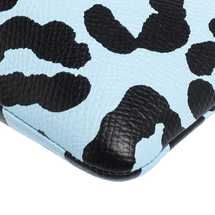 Pre Owned Coach Light Blue/Black Leopard Print Leather Zip Clutch Bag
