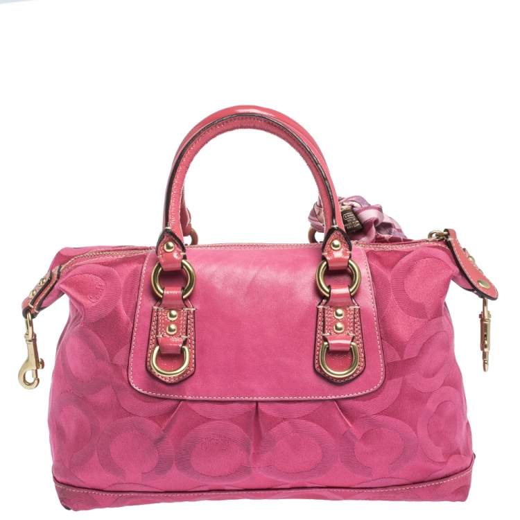 Pre Owned Coach Pink Signature Canvas and Patent Leather Ashley Satchel