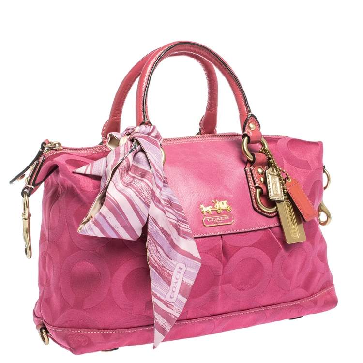 Pre Owned Coach Pink Signature Canvas and Patent Leather Ashley Satchel