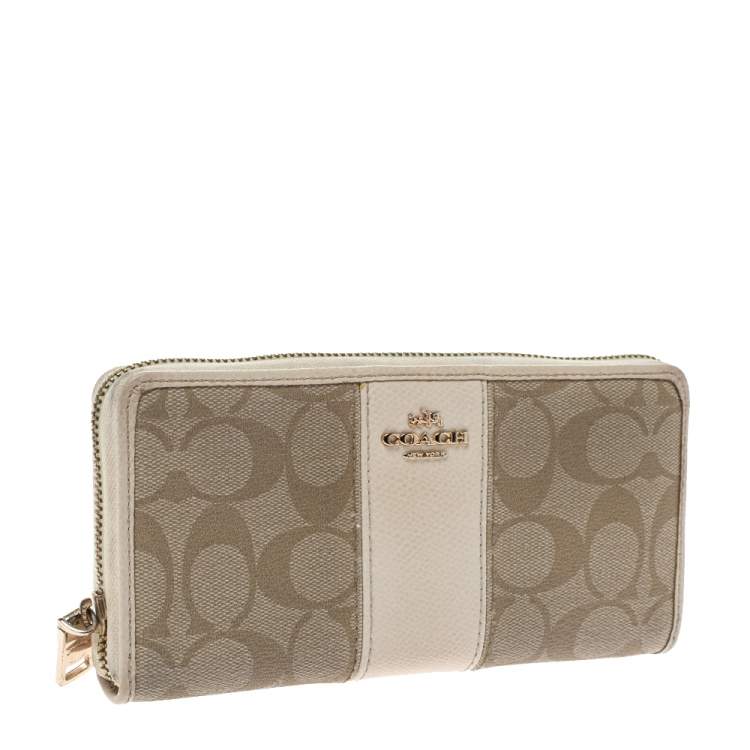 Pre Owned  Coach Beige/Cream Signature Coated Canvas and Leather Accordion Zip Around Wallet