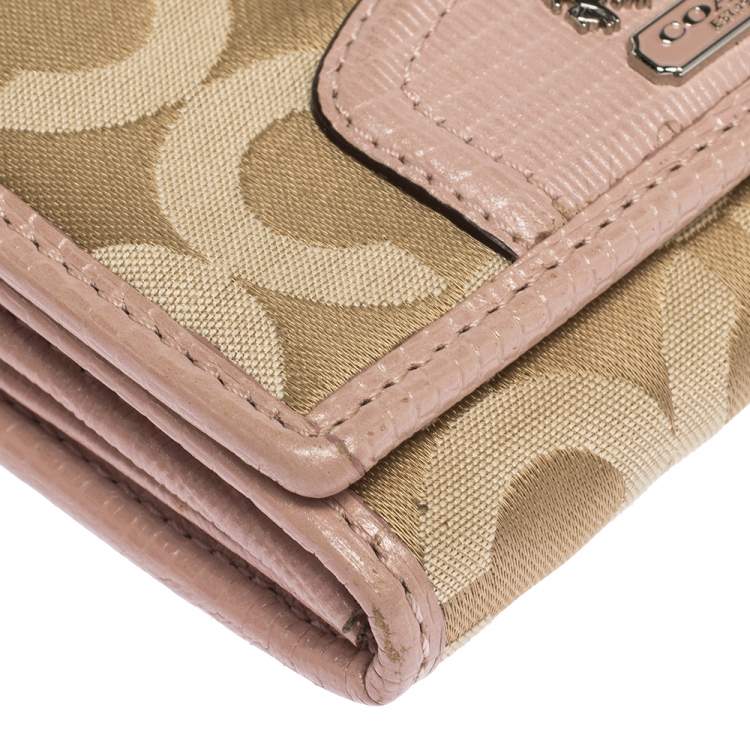 Pre Owned Coach Pink/Beige Signature Canvas and Leather Flap Compact Wallet