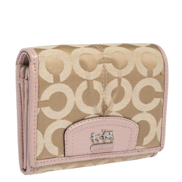Pre Owned Coach Pink/Beige Signature Canvas and Leather Flap Compact Wallet