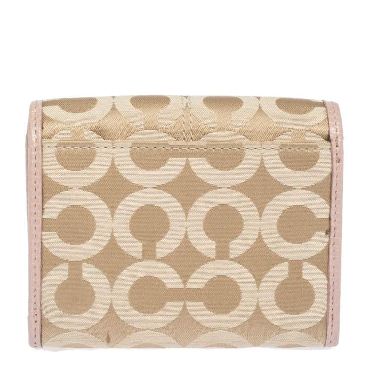 Pre Owned Coach Pink/Beige Signature Canvas and Leather Flap Compact Wallet