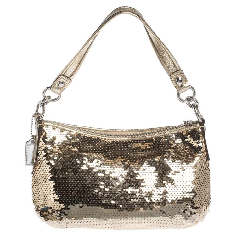 Pre Owned Coach Gold Sequins and Leather Groovy Shoulder Bag