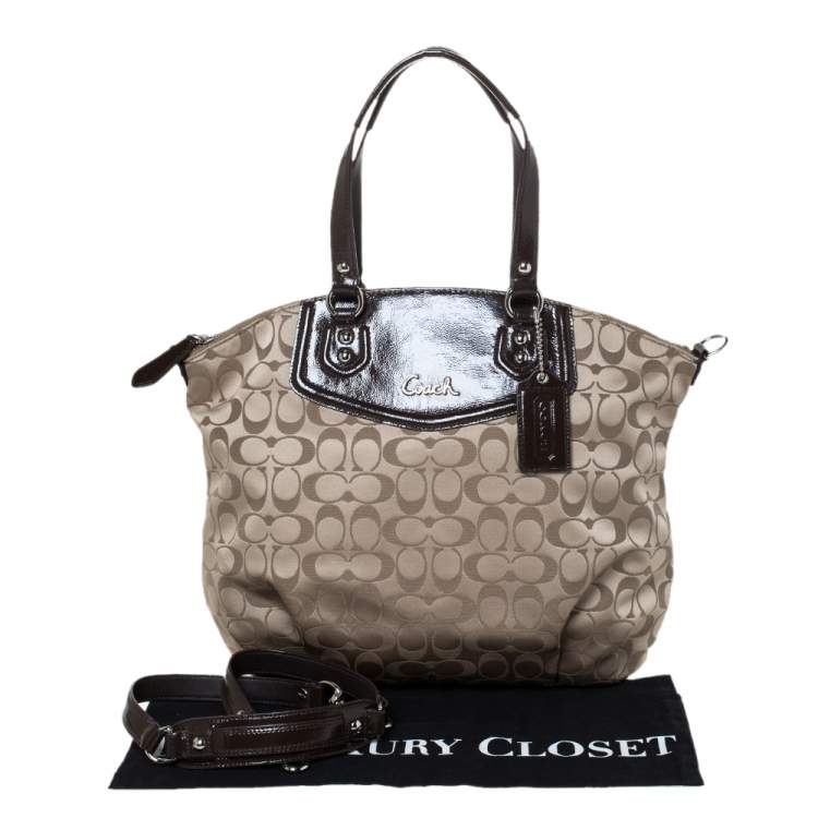 Pre Owned Coach Dark Brown/Beige Signature Canvas and Patent Leather Ashley North/South Satchel