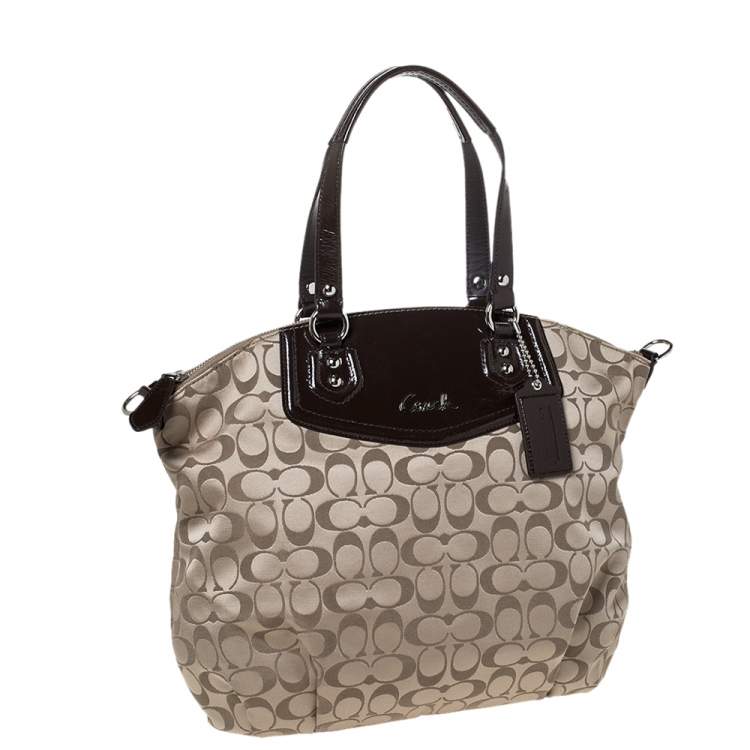 Pre Owned Coach Dark Brown/Beige Signature Canvas and Patent Leather Ashley North/South Satchel