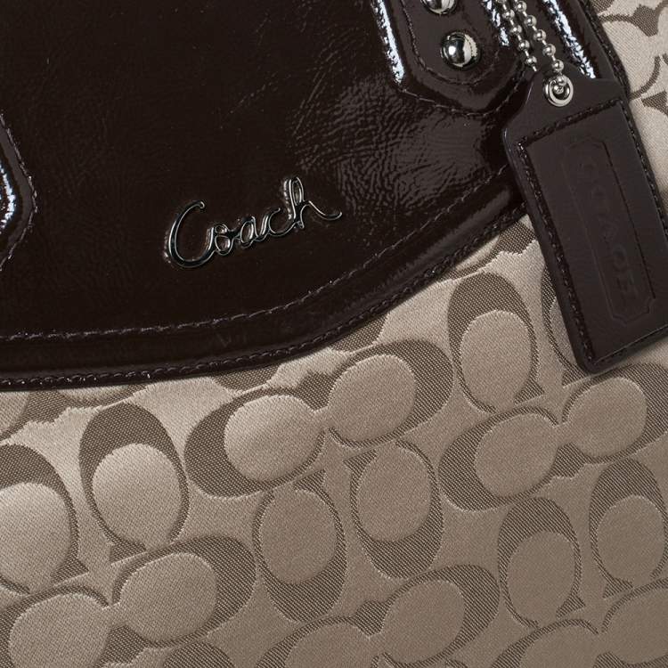 Pre Owned Coach Dark Brown/Beige Signature Canvas and Patent Leather Ashley North/South Satchel