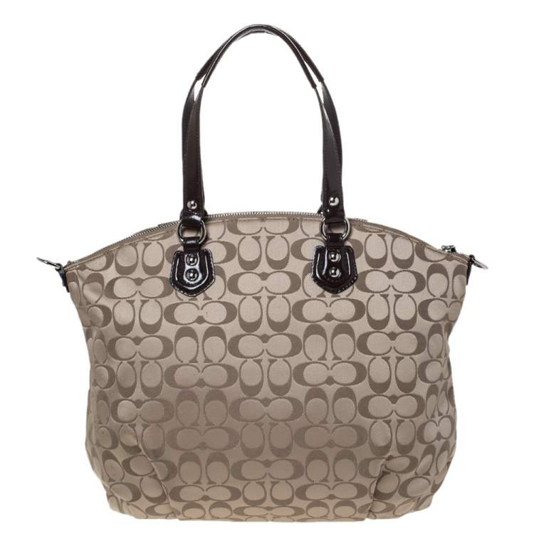 Pre Owned Coach Dark Brown/Beige Signature Canvas and Patent Leather Ashley North/South Satchel