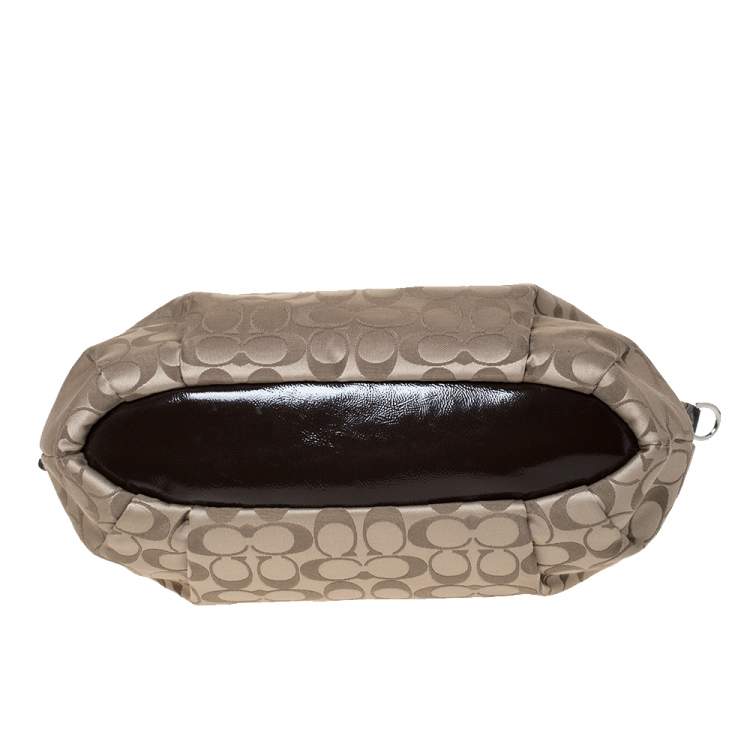 Pre Owned Coach Dark Brown/Beige Signature Canvas and Patent Leather Ashley North/South Satchel
