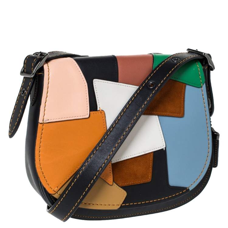 Pre Owned Coach Multicolor Leather and Suede Patchwork Saddle 23 Crossbody Bag