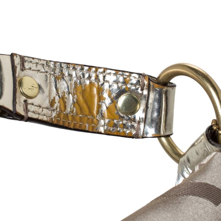 Pre Owned Coach Gold Signature Canvas and Patent Leather Carly Hobo