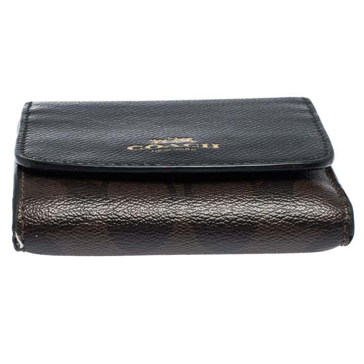 Pre Owned Coach Brown/Black Coated Canvas and Leather Trifold Wallet