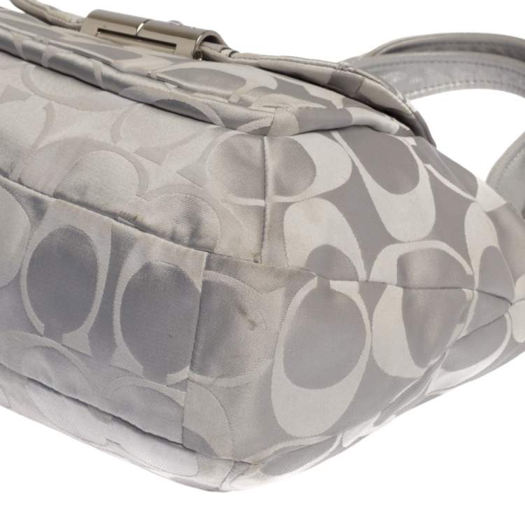 Pre Owned Coach Grey Signature Canvas and Lizard Embossed Leather Small Kristin Hobo