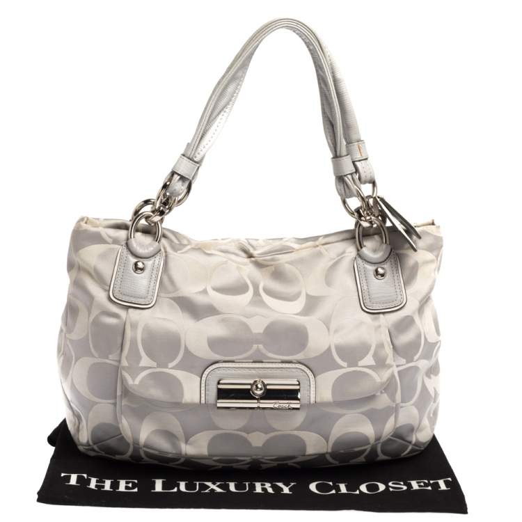 Pre Owned Coach Grey Signature Canvas and Lizard Embossed Leather Small Kristin Hobo
