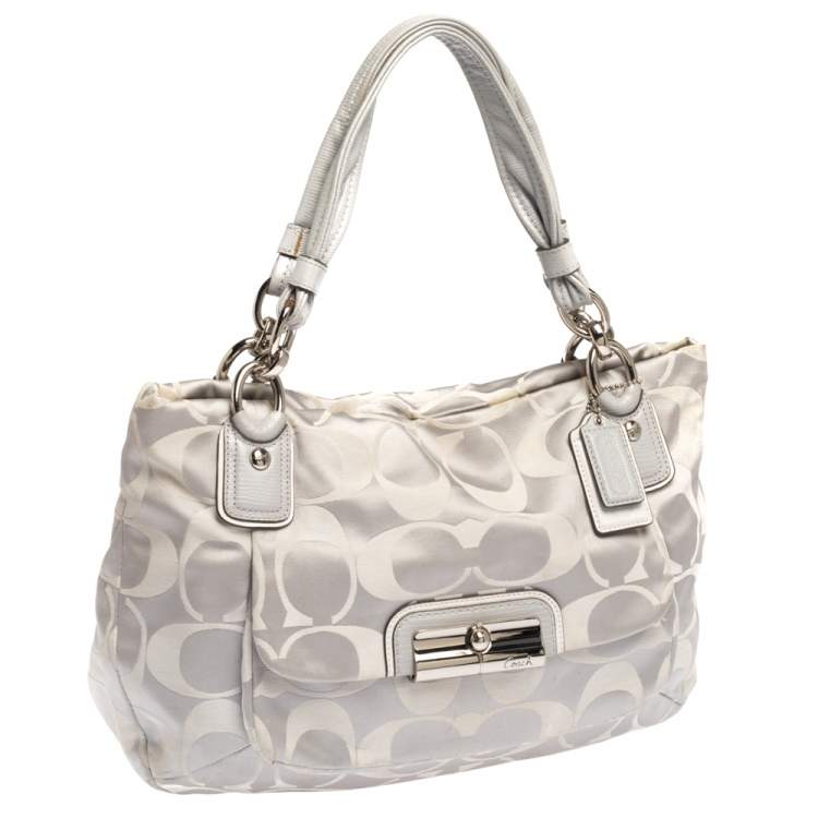Pre Owned Coach Grey Signature Canvas and Lizard Embossed Leather Small Kristin Hobo
