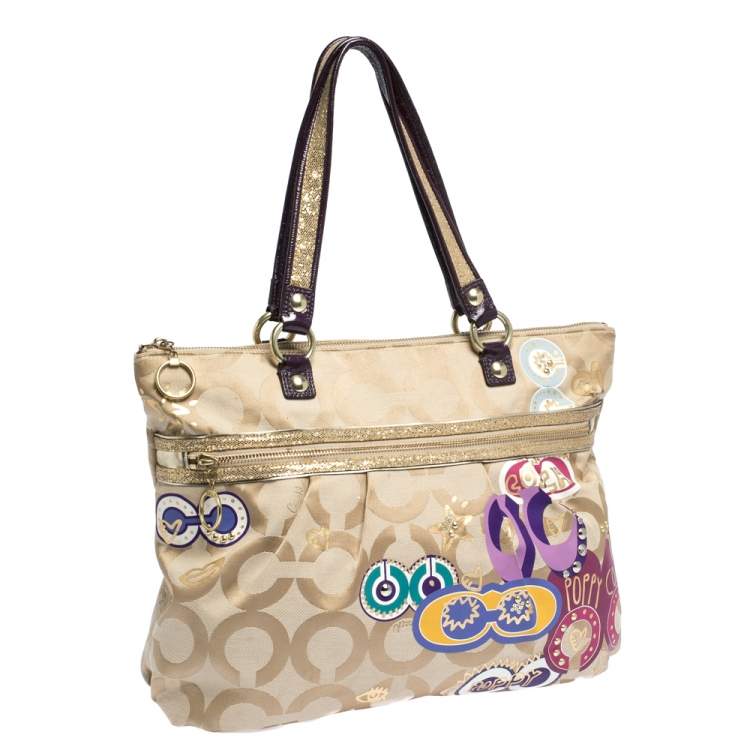 Pre Owned Coach Beige/Purple Canvas and Patent Leather Poppy Tote