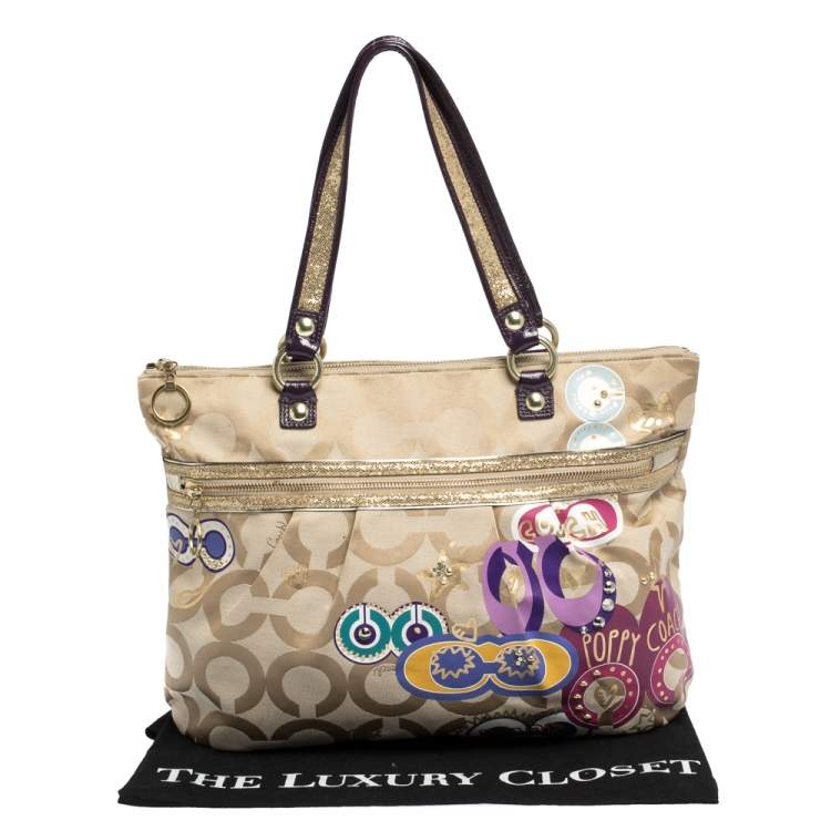Pre Owned Coach Beige/Purple Canvas and Patent Leather Poppy Tote