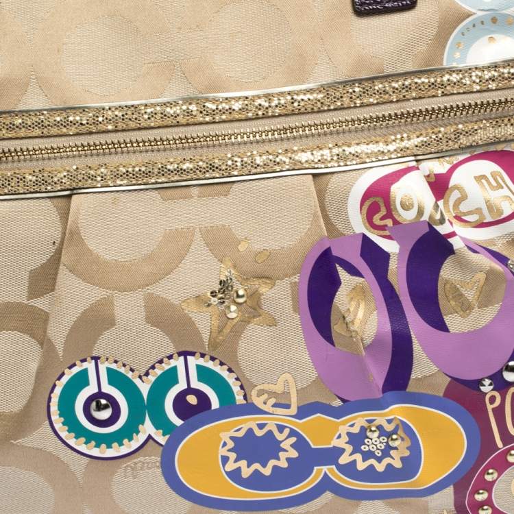 Pre Owned Coach Beige/Purple Canvas and Patent Leather Poppy Tote