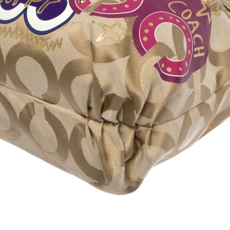 Pre Owned Coach Beige/Purple Canvas and Patent Leather Poppy Tote