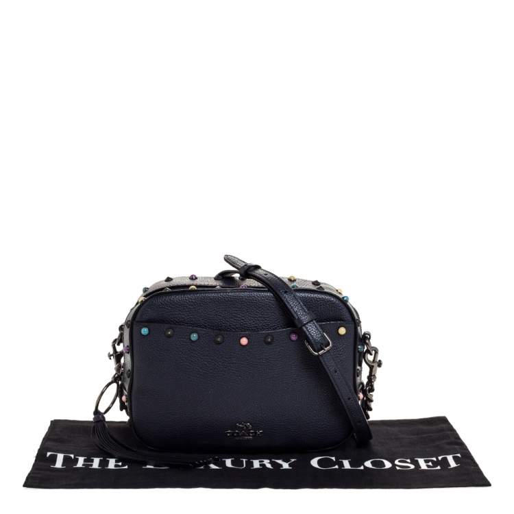 Pre Owned Coach Navy Blue Leather Studded Camera Bag