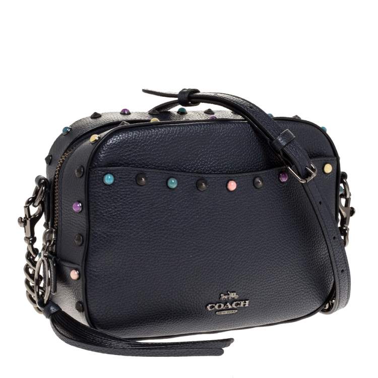 Pre Owned Coach Navy Blue Leather Studded Camera Bag
