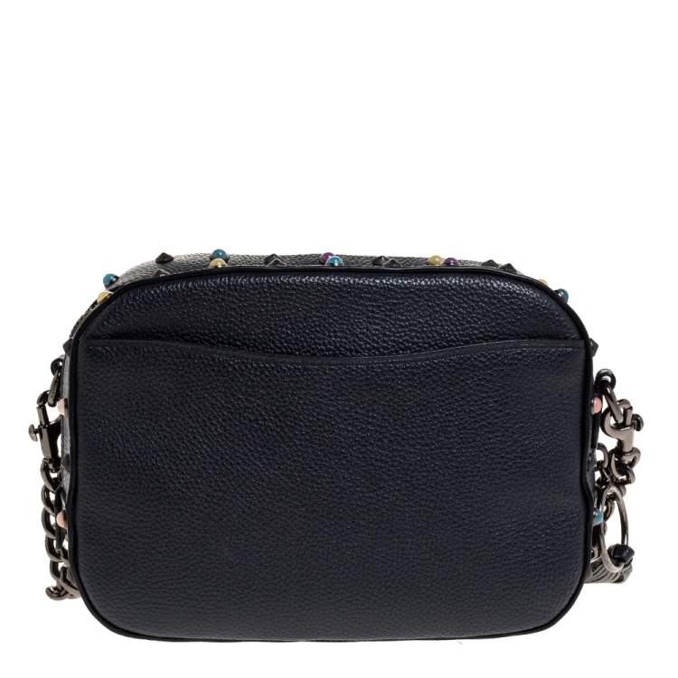 Pre Owned Coach Navy Blue Leather Studded Camera Bag