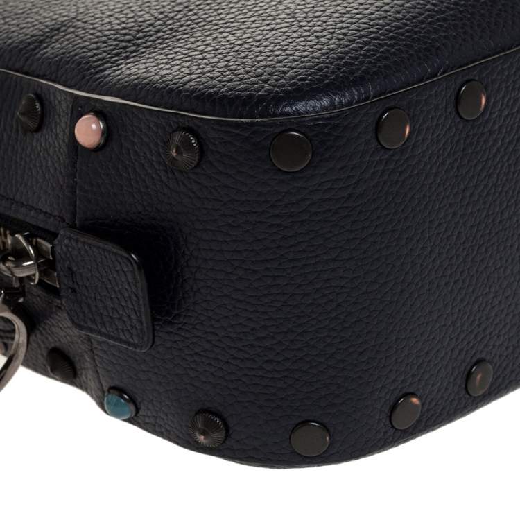 Pre Owned Coach Navy Blue Leather Studded Camera Bag