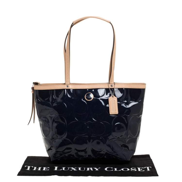 Pre Owned Coach Blue/Beige Patent Leather Peyton Tote