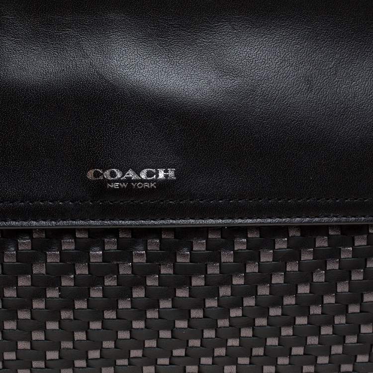 Pre Owned Coach Black/Grey Woven Leather Flap Clutch