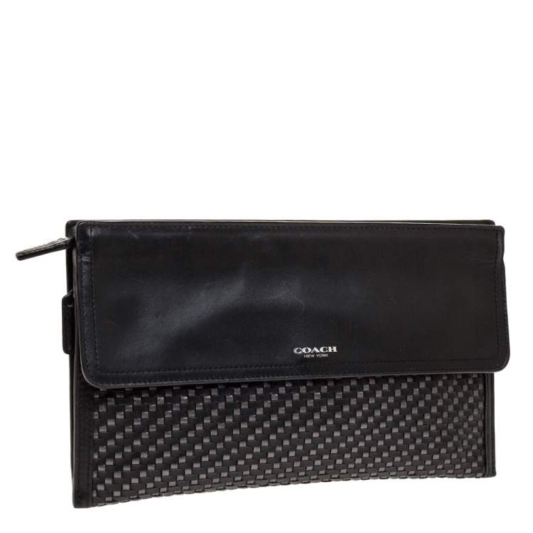 Pre Owned Coach Black/Grey Woven Leather Flap Clutch