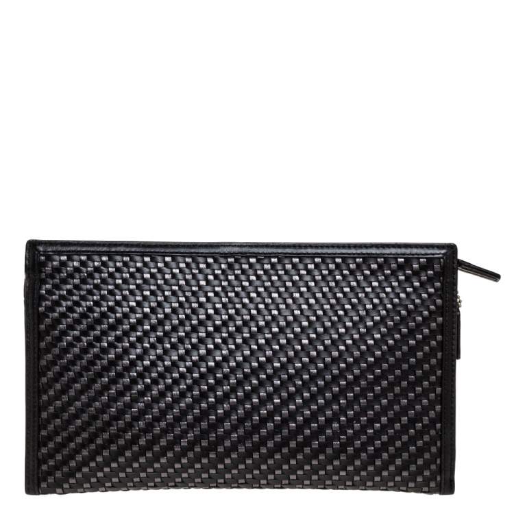 Pre Owned Coach Black/Grey Woven Leather Flap Clutch