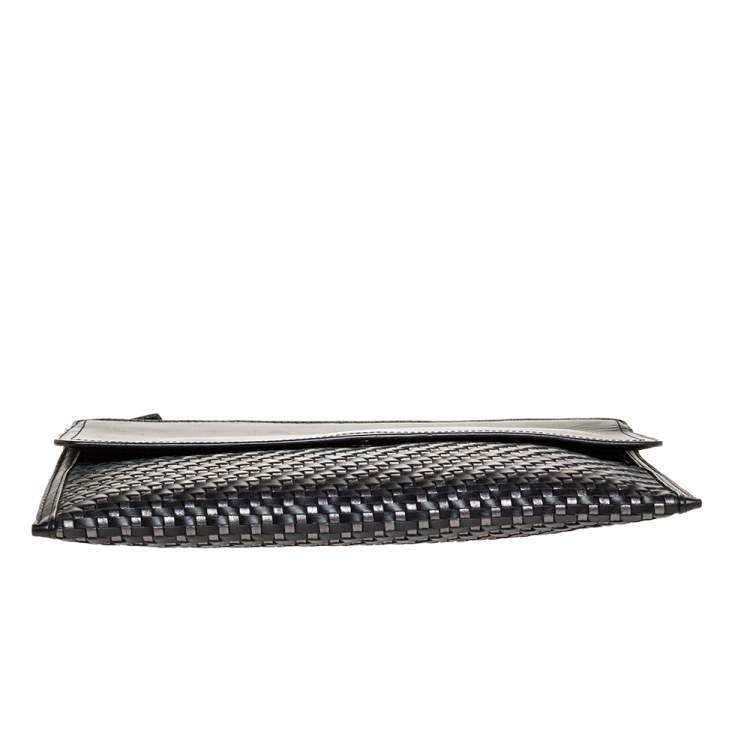 Pre Owned Coach Black/Grey Woven Leather Flap Clutch