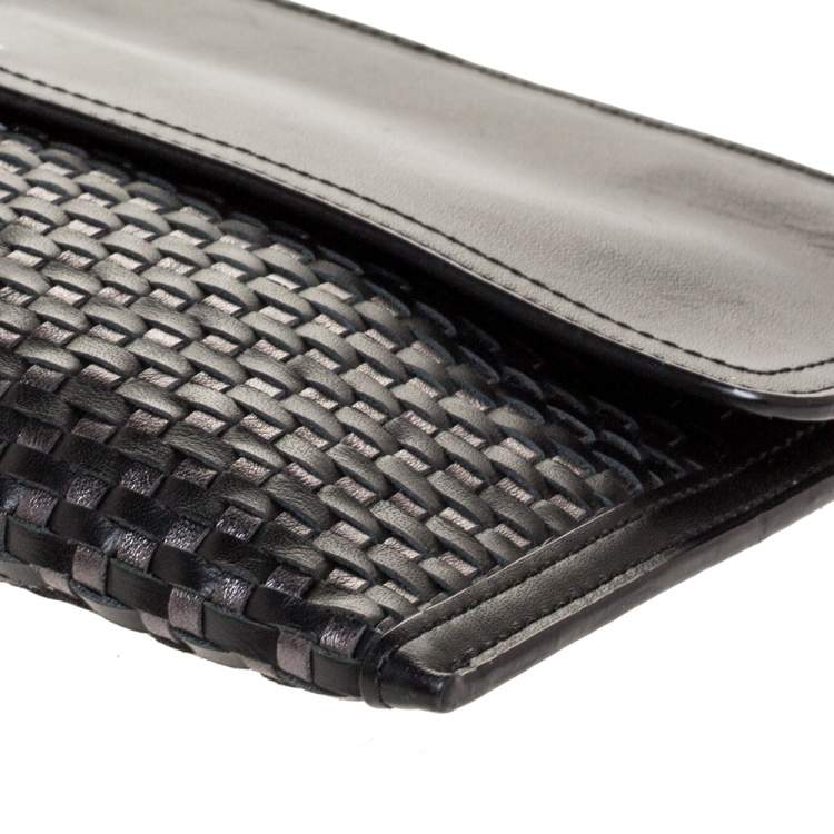 Pre Owned Coach Black/Grey Woven Leather Flap Clutch